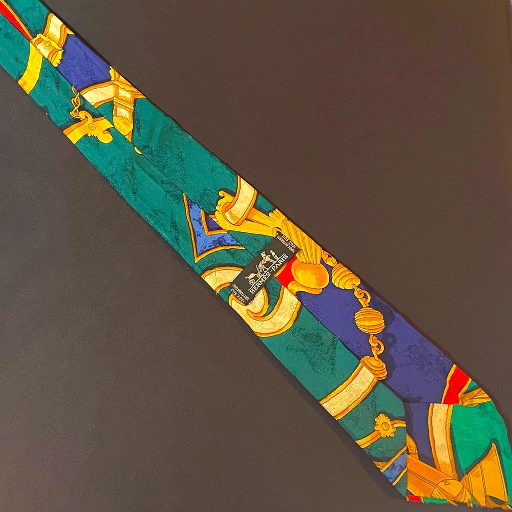 Hermes Blue/Green/Red INSTRUCTION DU ROY Printed Jacquard Silk Tie